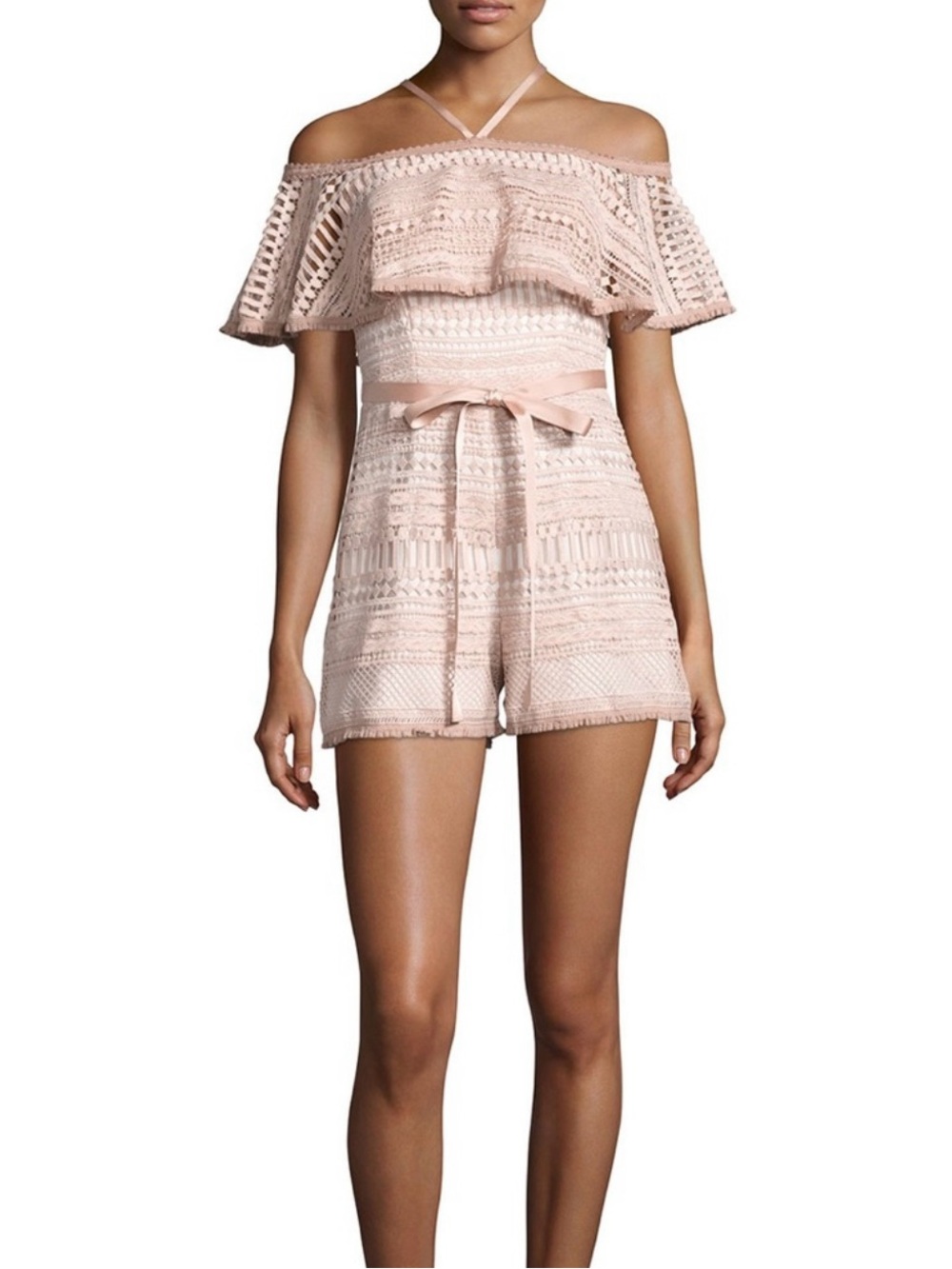 Alexis Blush Pink Off-Shoulder Lace Romper (Size Small)